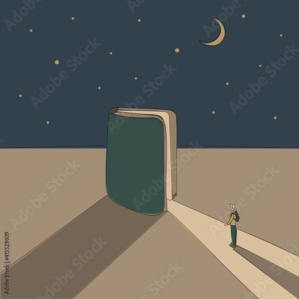 Fototapeta Concept: book is source of knowledge.Half-open book from which ray of light fall in which tiny man stand ready to immerse himself in reading.On background of a starry sky with month.Hand drawn raster