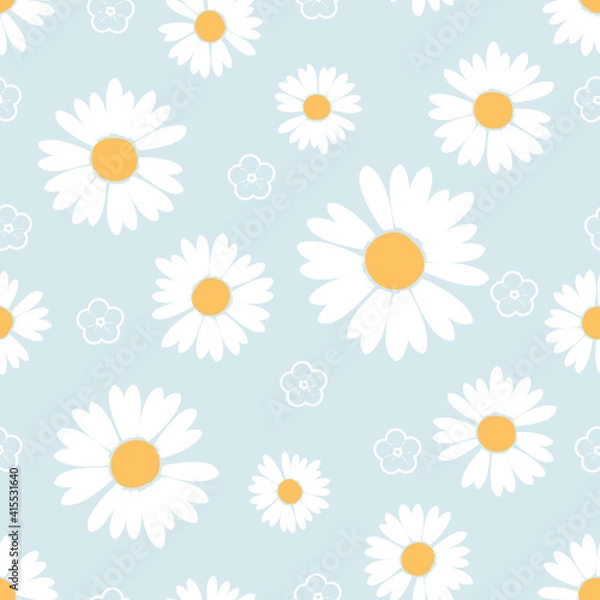 Fototapeta Seamless pattern with daisy flower on blue background vector illustration.