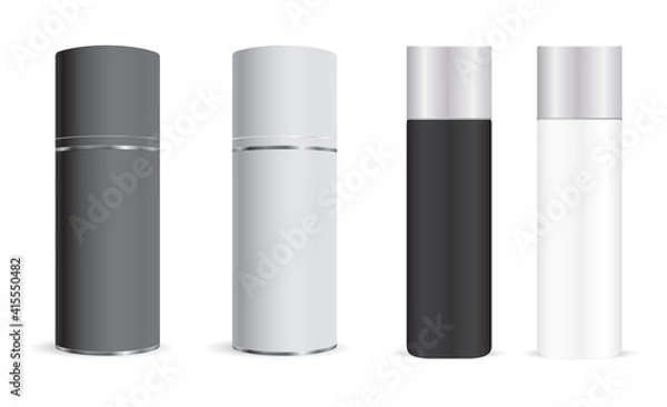 Fototapeta Spray bottle mockup. Aerosol can, cylinder deodorant. Aluminum metal container blank for freshener. Realisit cantiperspirant tin or hairspray tin mock up. Metallic tube with plastic cap