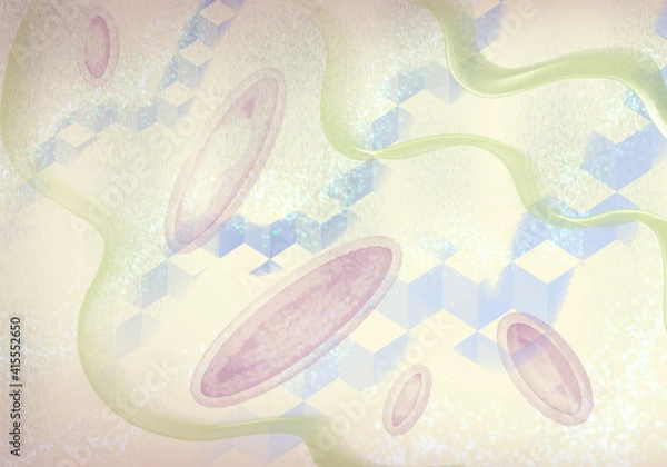 Fototapeta レトロモダンな雰囲気の、円盤・リボン・立方体の描かれたくすんだパステルカラーの抽象的な背景イラスト