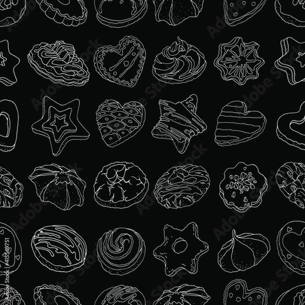 Obraz Vector seamless pattern: linear star, heart, round shape cookies . Chalk style line art white on black . Design for textile, wrapping paper, wallpaper.