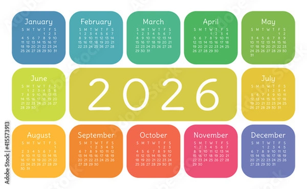 Fototapeta Calendar 2026 year. English colorful vector horizontal wall or pocket calender design template. New year. Week starts on Sunday