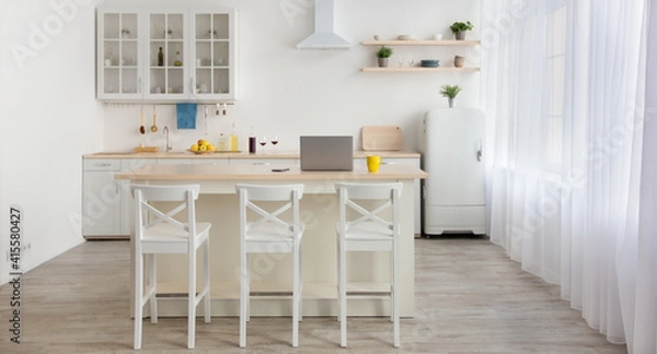 Fototapeta Modern home blog, remote work and workspace in kitchen