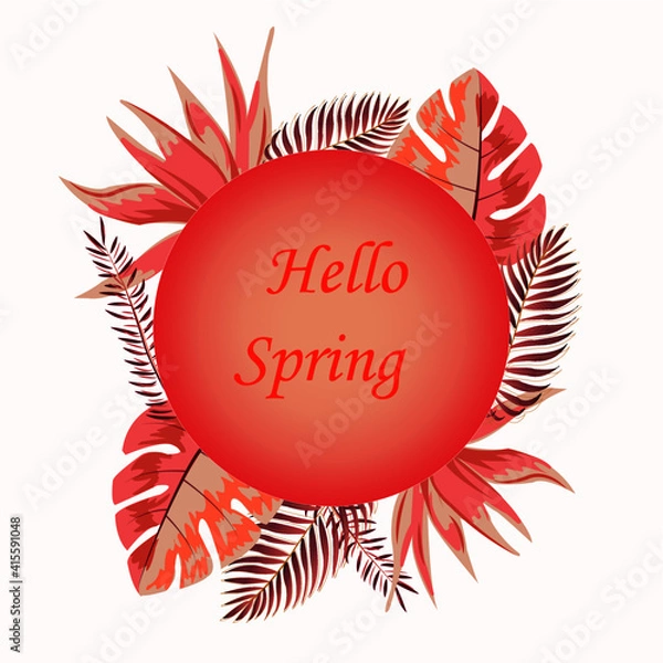 Fototapeta Hello spring sticker with beautiful illustration of leaves for decoration, spring is here, card design for invitation and holidays