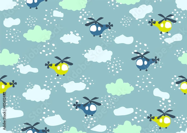 Fototapeta Cheerful seamless vector pattern with helicopters in the sky and clouds. Hand drawn transport, background for boys and kids