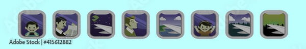 Fototapeta set of passengers looking from plan windows cartoon icon design template with various models. vector illustration isolated on blue background