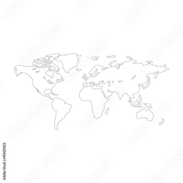 Fototapeta World map vector modern. Earth map vector outline silhouette isolated on white background. Flat map template for website pattern, annual report, infographics. Travel worldwide, map silhouette backdrop