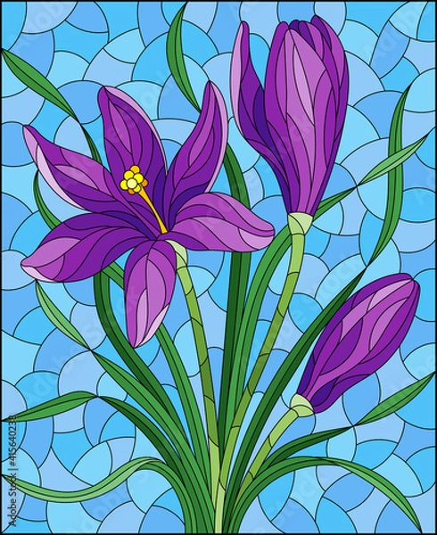 Fototapeta Illustration in stained glass style with purple hyacinth flowers on a blue background, rectangular image