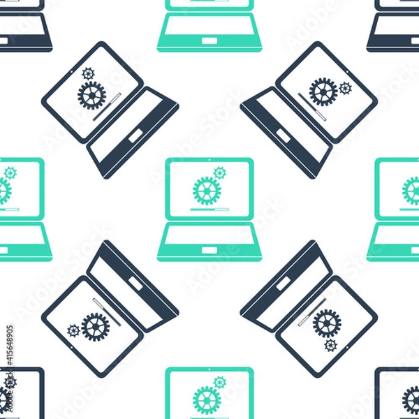Fototapeta Green Laptop and gears icon isolated seamless pattern on white background. Adjusting app, service, setting options, maintenance, repair, fixing laptop concepts. Vector.