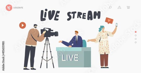 Fototapeta Live Stream, News Landing Page Template. Videographer Record Anchorman, Vlogger, Reporter or Journalist Sitting at Desk