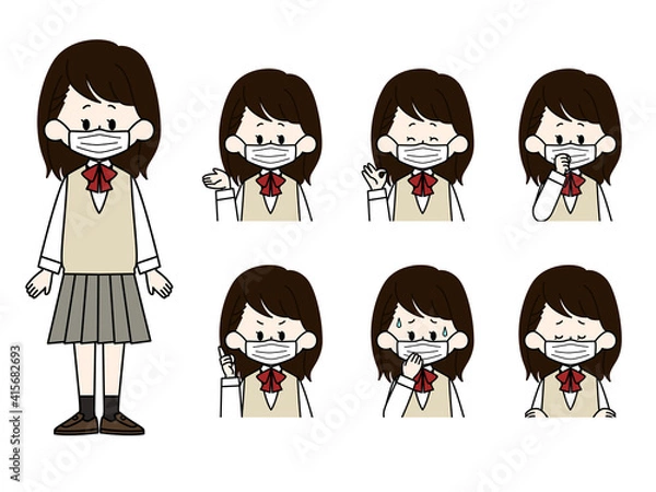 Fototapeta マスクをしている女子学生の表情セット
