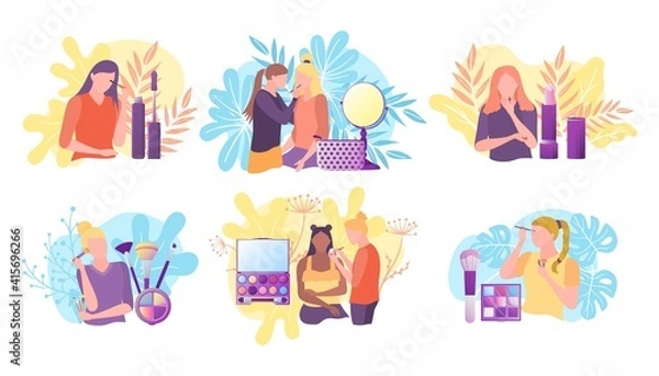 Fototapeta Different makeup artists applying makeup set. Women stylists doing makeup to girls using different tools. Girls putting makeup on their faces flat vector illustration