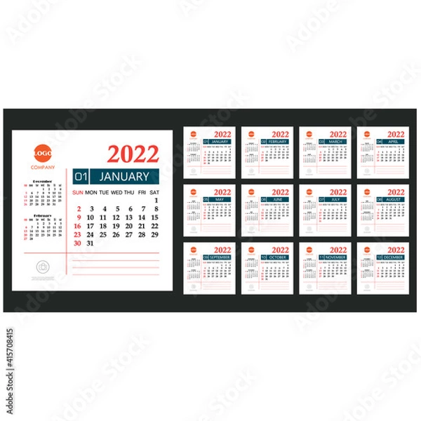 Fototapeta Calendar template for 2022 year. Planner diary design for Corporate and business calendar. Week Starts Sunday.Vector
