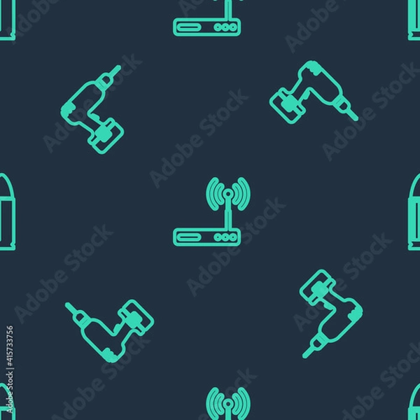 Fototapeta Set line Router and wi-fi, Drill machine and Bullet on seamless pattern. Vector.