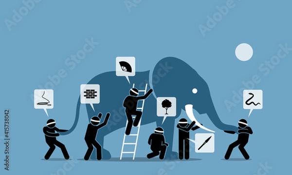 Obraz Six blind men touching an elephant. Vector illustrations depict six blindfolded people with different perceptions, impressions, ideas, opinions, beliefs, and interpretation towards an elephant.