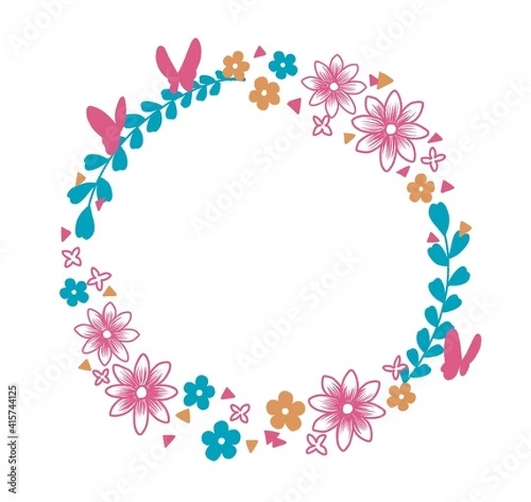 Fototapeta ナチュラルな花と蝶々のフレーム・リースのイラスト