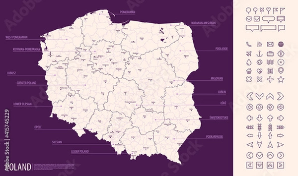 Obraz Detailed map of Poland with administrative divisions on dark background, country big cities and icons set, vector illustration