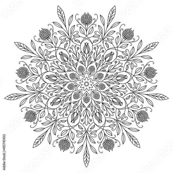 Fototapeta Vector mandala drawing with black lines on a white background.