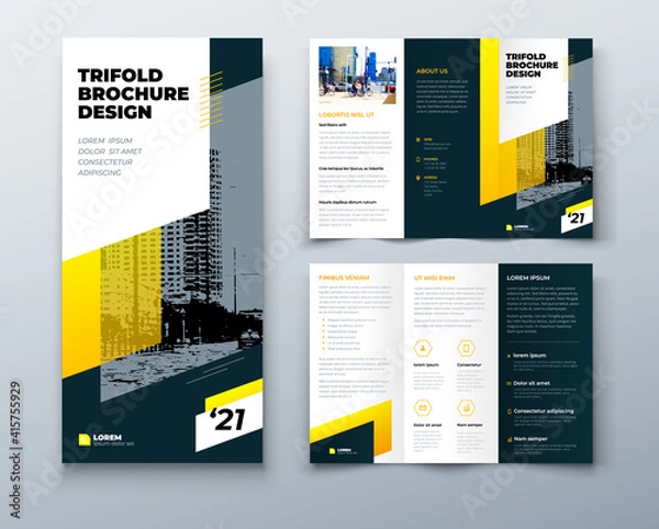 Fototapeta Tri fold yellow brochure design with square shapes, corporate business template for tri fold flyer. Creative concept folded flyer or brochure.