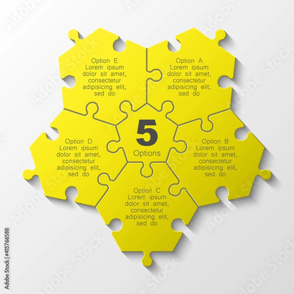 Obraz Puzzle five piece business presentation. Circle infograph. 5 Step round process diagram. Section compare banner.