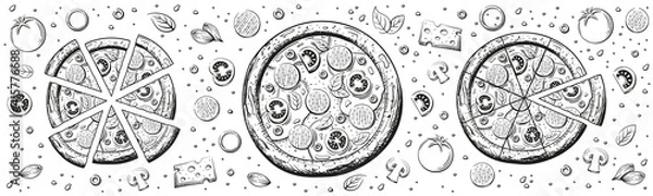 Obraz Italian pizza sketch isolated on white background for banner. Pepperoni pizza close-up from above. Framed ingredients. Vector illustration