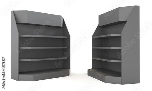 Fototapeta Black POS POI Cardboard Floor Display Rack For Supermarket, Blank Empty Showcase Display With Shelves.