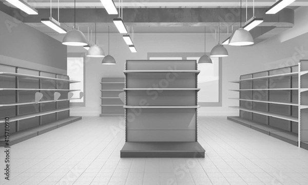 Obraz Set of Empty Shelves in Store Interior, View From Perspective, 3D rendering