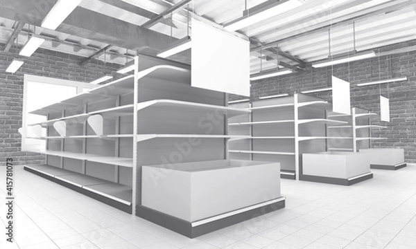 Fototapeta Empty Shelves And Blank White Banners Hangging in Supermarket, 3D rendering
