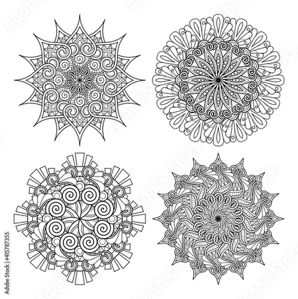 Fototapeta Vector Monochrome Set of Mandalas. Round Abstract Objects Isolated On White Background. Ethnic Decorative Element