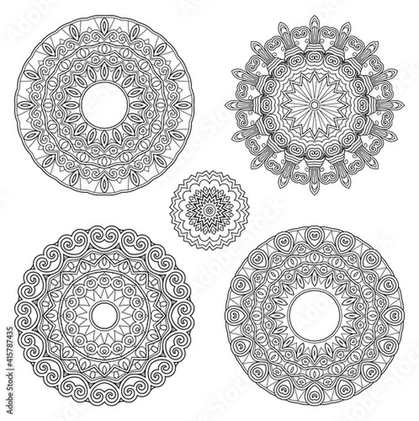 Fototapeta Vector Monochrome Set of Mandalas. Round Abstract Objects Isolated On White Background. Ethnic Decorative Element