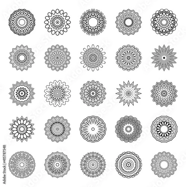 Fototapeta Vector Monochrome Set of Mandalas. Round Abstract Objects Isolated On White Background. Ethnic Decorative Element