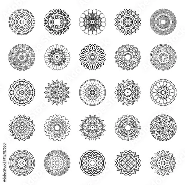 Fototapeta Vector Monochrome Set of Mandalas. Round Abstract Objects Isolated On White Background. Ethnic Decorative Element