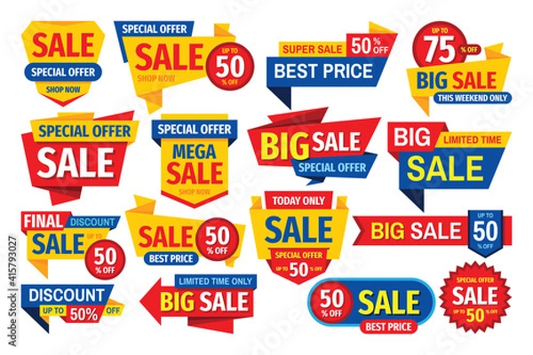 Fototapeta Sale tag design badge set. Discount abstract banner collection. Special offer, best price concept stickers. Clearance graphic messages. Vector illustration.