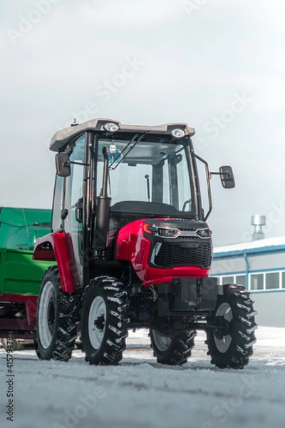 Fototapeta Red tractor and green trailer