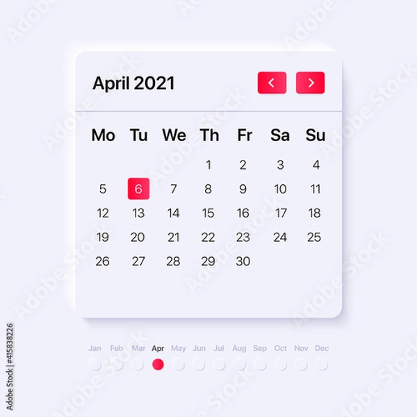 Fototapeta UI calendar concept. GUI for mobile and web application. modern white widget style. Vector illustration