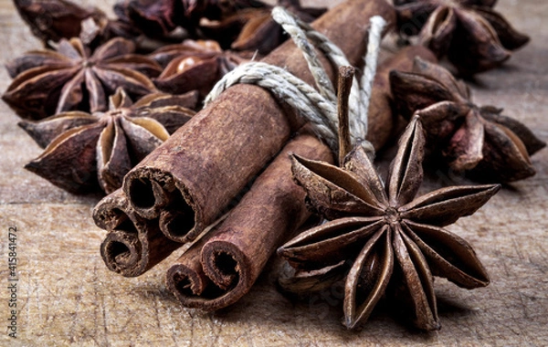 Obraz spices on wooden table, selective focus