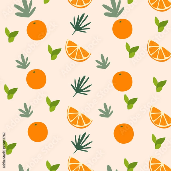 Fototapeta Tropical summer seamless pattern,  orange and palm branches, vector illustration