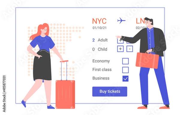 Obraz Colleagues book air tickets for a business trip. People in business attire stand next to the airline's website. Vector flat illustration.