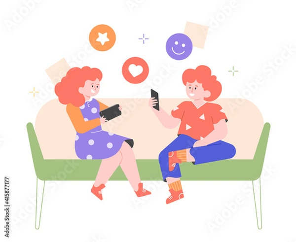 Obraz Two small children are sitting on the couch with gadgets. Girl plays a game on the tablet. Boy is texting on social networks from a smartphone. Social media addiction, new technologies. Vector flat.