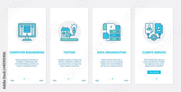 Fototapeta Testing and development of business customer service technology vector illustration. UX, UI onboarding mobile app page screen set with line test data optimization, developing applications for users