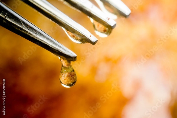 Obraz Sweet Canadian maple syrup dripping from a fork with french toast