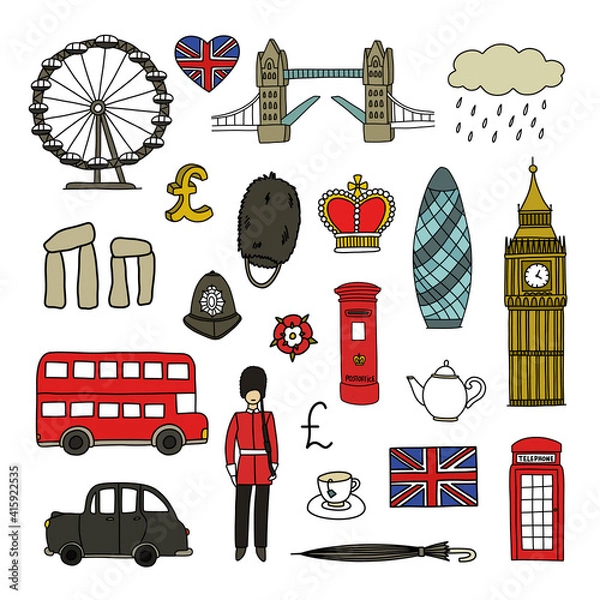 Fototapeta England doodle set icons, vector color line illustration