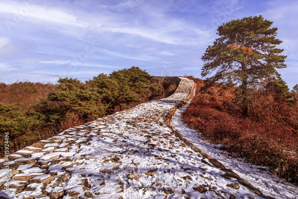 Fototapeta The walking path and top of Pasaseong Stone Wall in Yeoju, South Korea. 