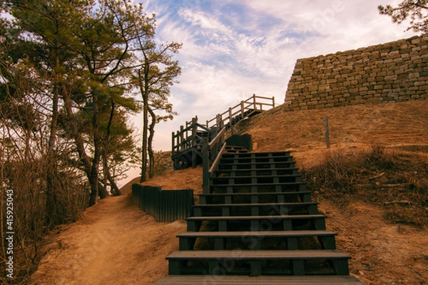 Fototapeta Stairs leading up to the top of Achasan Fortress No. 4 in Seoul, South Korea. 