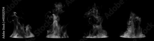Fototapeta Set of steam from round dishes - pots, mugs or cups isolated on black background