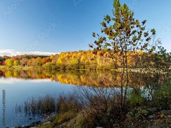 Obraz Keystone Lake in Keystone State Park in West Moreland County in the Laurel Highlands of Pennsylvania in the fall right before sunset with the fall foliage and trees reflecting in the water.
