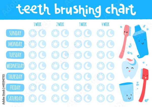 Obraz Teeth brushing chart. Incentive sheet, child dental poster.
