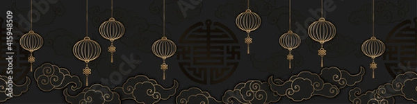 Fototapeta Seamless horizontal vector pattern with gold clouds and lanterns isolated on black background. Traditional asian decoration for banner, card, poster, brochure, calendar, flyer