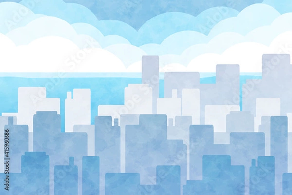 Fototapeta ビルのシルエット背景　長方形　雲と海　水彩風