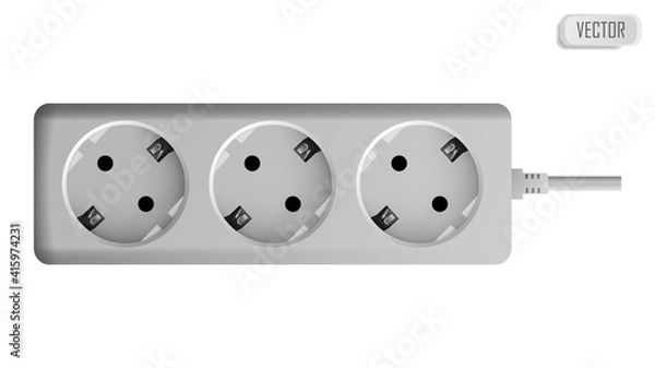 Fototapeta Extension cable cord isolated on white background. Electrical triple white plastic power socket strip europe type. Vector illustration in realistic style